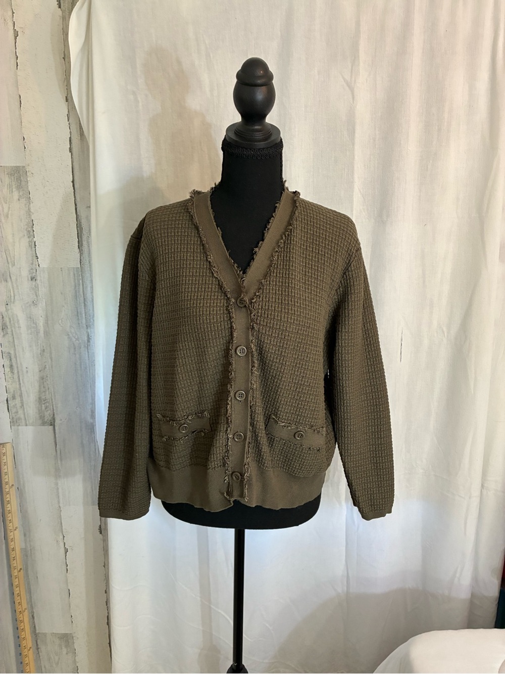 Adrianna Papell Olive Green Waffle Knit Button Cardigan